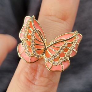 Pink Butterfly Clear Crystal Gold Ring Size 7